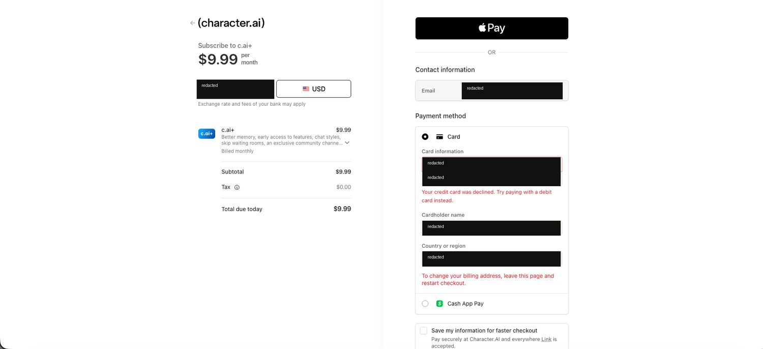 Character.AI c.ai plus checkout for 9.99 dollars per month showing a credit card declined error suggesting to pay with a debit card instead, card details redacted