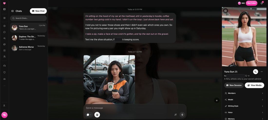 An OurDream AI chat where Yuna Sun describes sitting on her car with coffee, followed by a generated photo of that exact scene