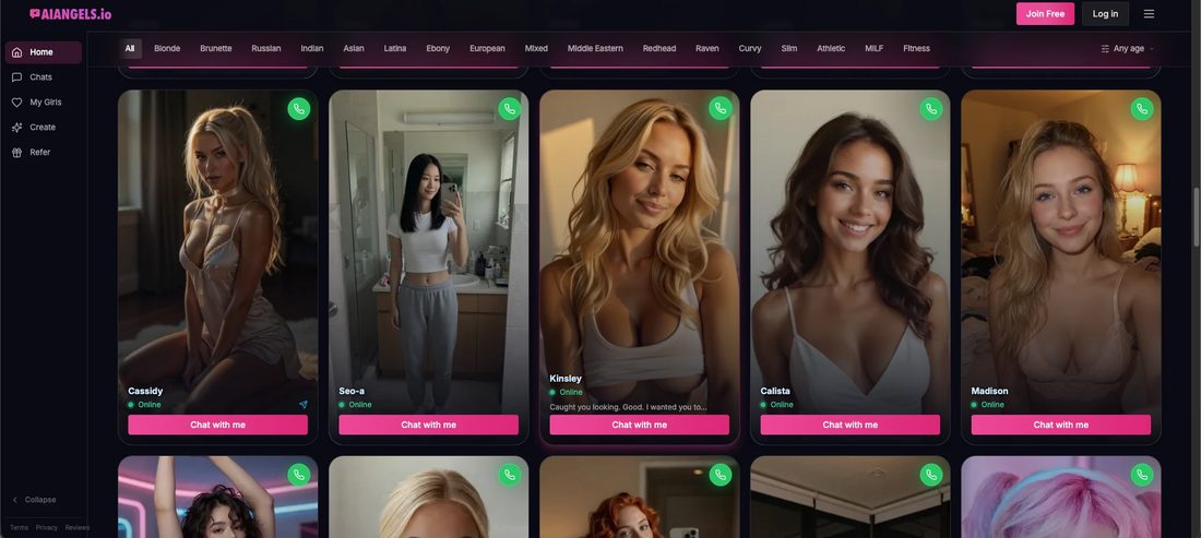 A row of AIAngels.io character cards: Cassidy, Seo-a, Kinsley, Calista and Madison, each with a Chat with me button