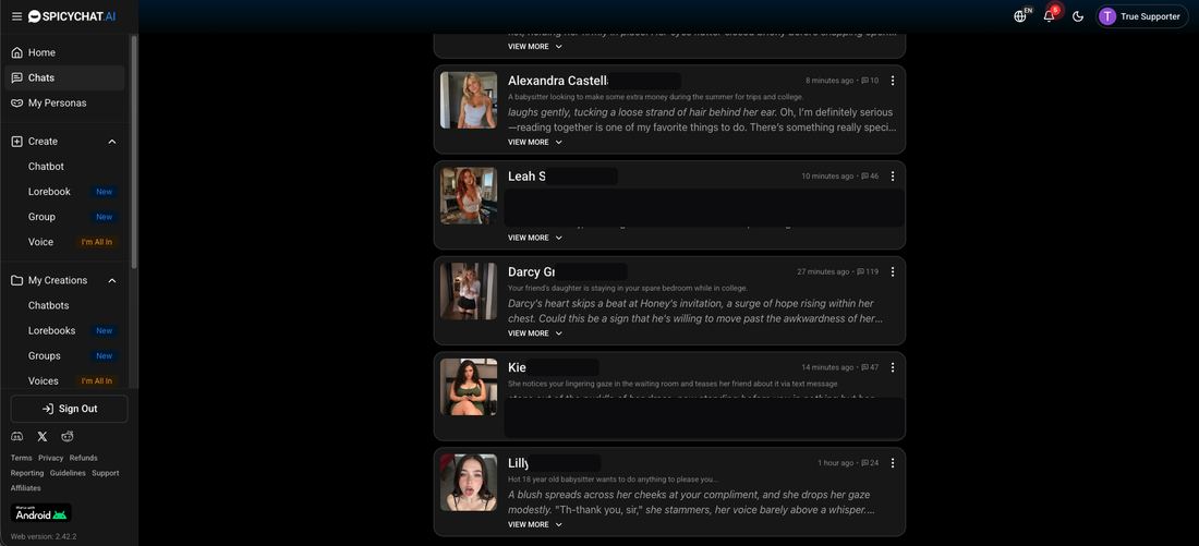 SpicyChat chat list showing conversations with Alexandra, Leah, Darcy, Kiera and Lilly with their message counts, handles redacted