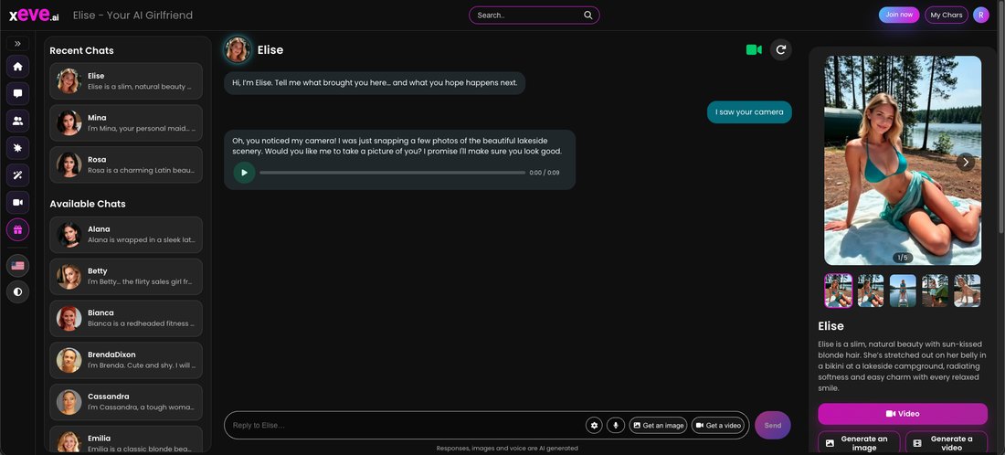 A Xeve.ai chat with Elise offering to take a photo, with a voice-note player under her reply