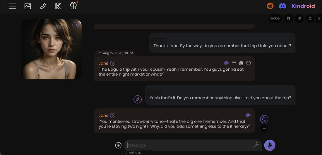Kindroid recalling the planted trip on day seven