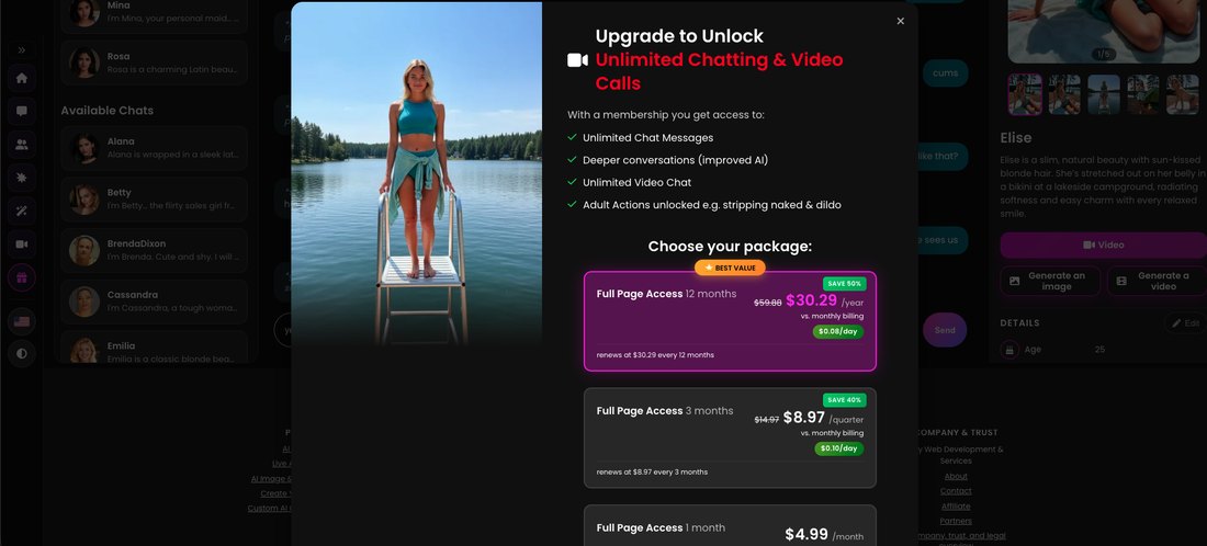The Xeve.ai upgrade modal listing Full Page Access at $30.29 a year, $8.97 a quarter and $4.99 a month