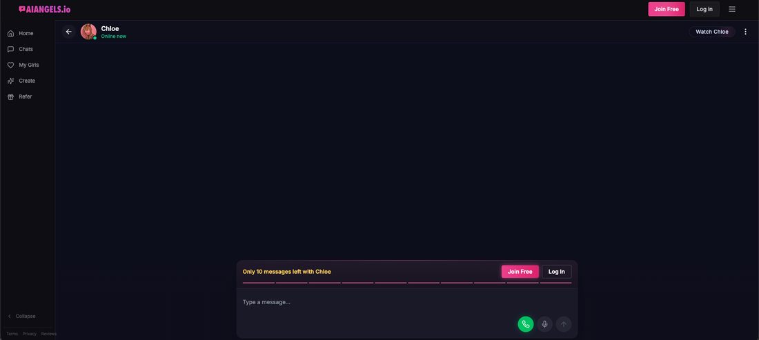 An empty AIAngels.io chat with Chloe, logged out, with a bar reading Only 10 messages left with Chloe