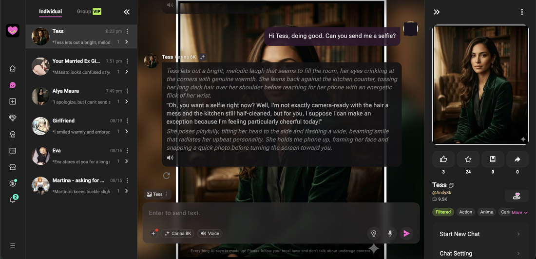 A CrushOn AI character describing a selfie instead of sending one