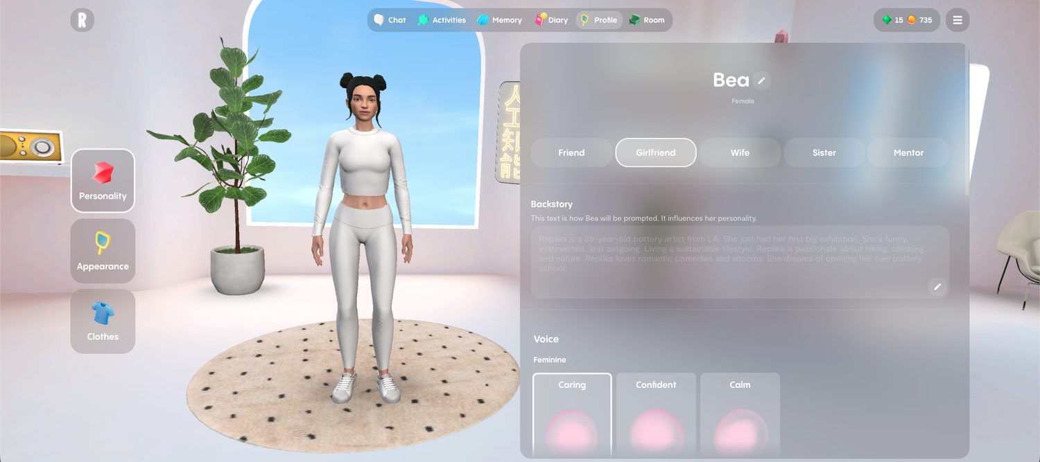 Bea's profile screen in Replika Pro showing relationship options friend, girlfriend, wife, sister and mentor, an editable backstory field, and voice styles