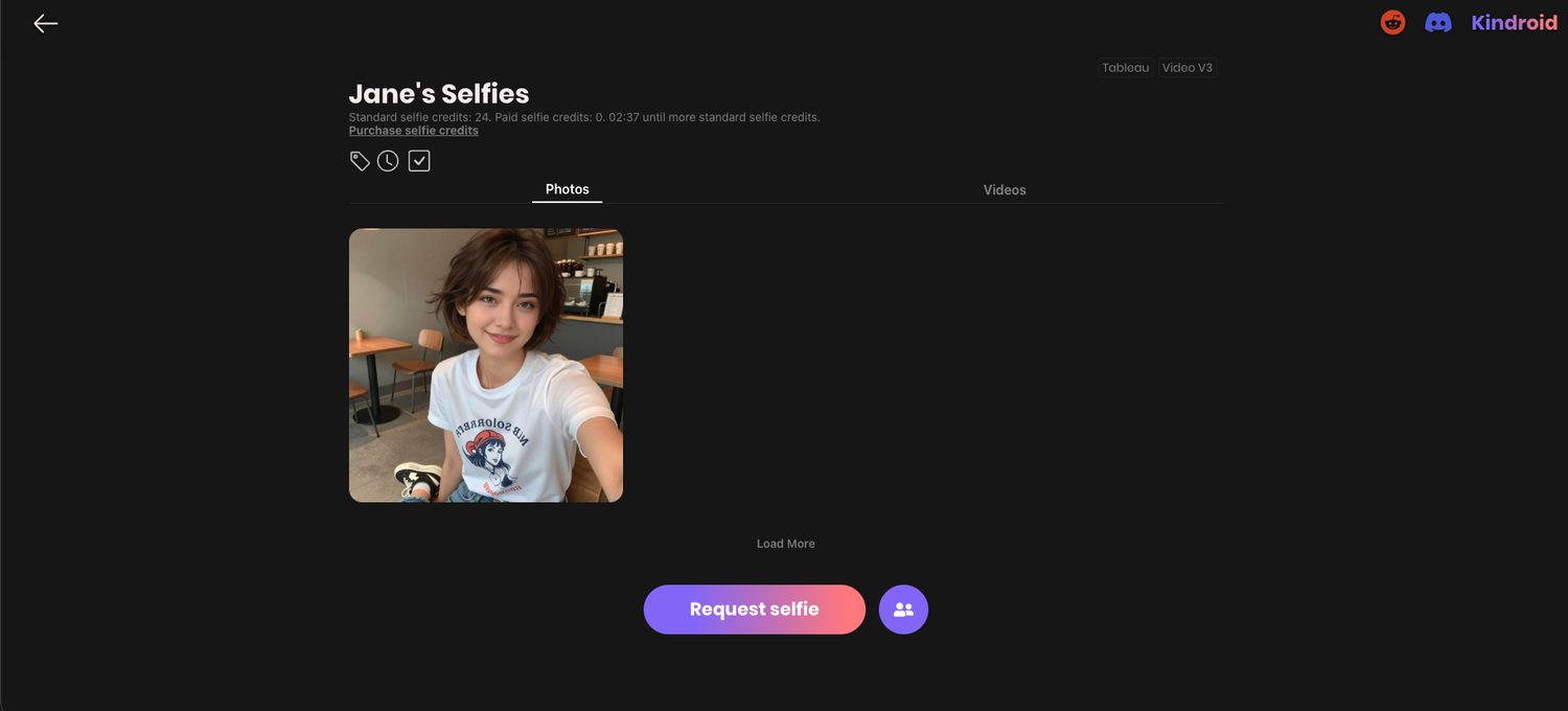 Jane's selfies page on Kindroid showing 24 standard selfie credits, a timer until more credits, and a request selfie button