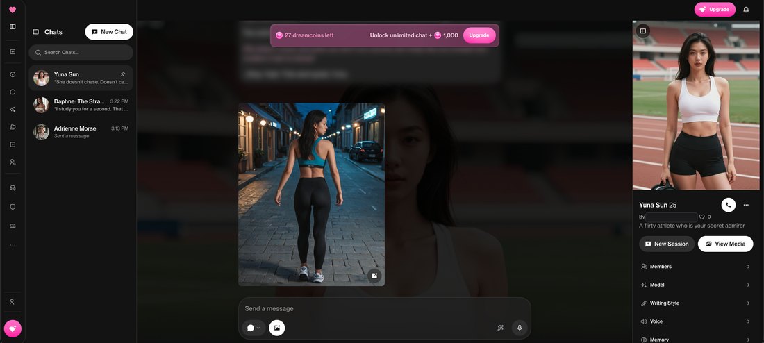 An OurDream AI chat with Yuna Sun showing a generated street photo and the free-tier coin counter