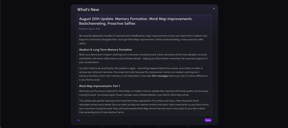 Nomi's August 25 update notes on memory and proactive selfies