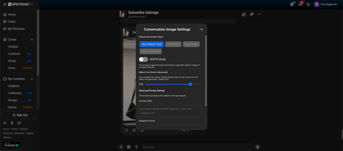 SpicyChat conversation image settings panel showing a third NSFW toggle switched off by default