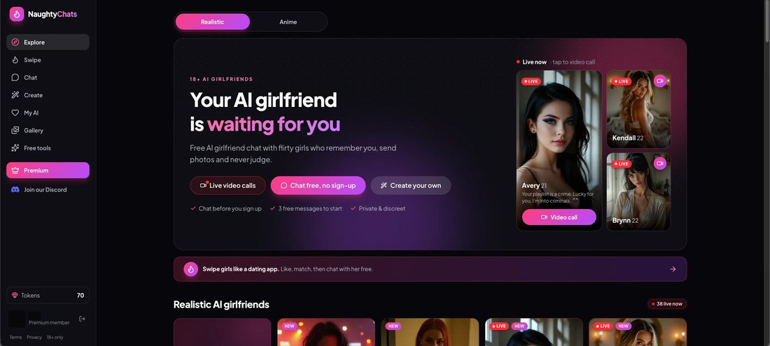 The NaughtyChats Explore page: Your AI girlfriend is waiting for you, buttons for Live video calls, Chat free no sign-up and Create your own, live character cards, and a Swipe girls like a dating app banner