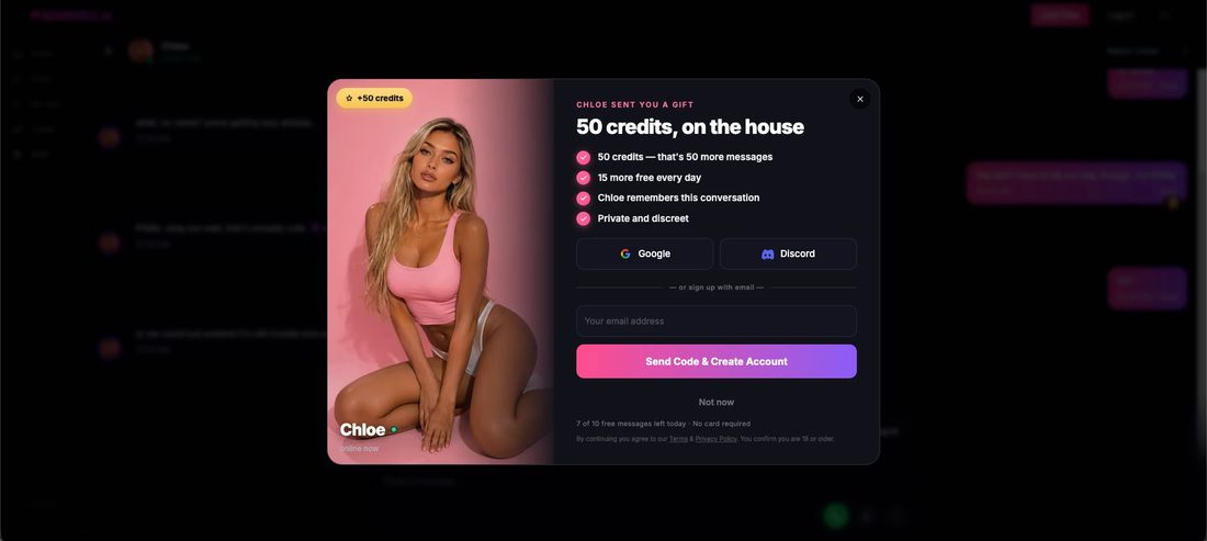 The AIAngels.io sign-up popup: Chloe sent you a gift, 50 credits on the house, with Google, Discord and email options
