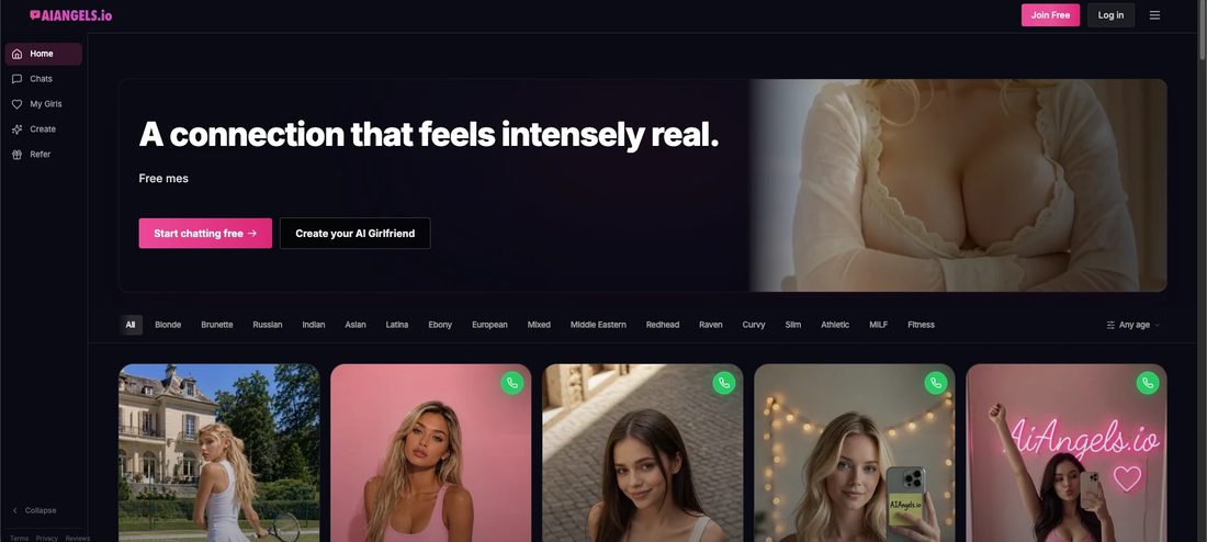 The AIAngels.io homepage logged out: a five-item sidebar, a hero banner, filter chips and a grid of AI girlfriend characters