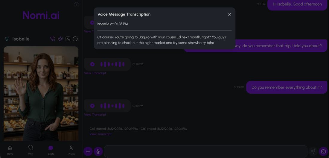 Nomi AI voice transcript recalling the full planted trip