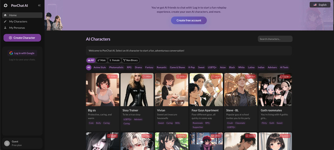 PovChat AI homepage as a guest, with the tag row and character grid