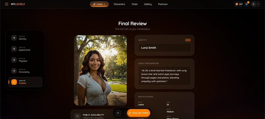 The My Lovely AI Final Review step for Luna Smith: a portrait, her identity, a legacy background about a kind-hearted freelancer, and Latina, 29, medium bust specs