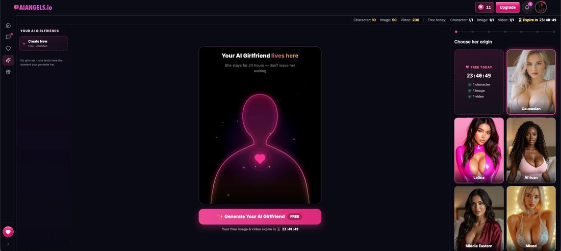 The AIAngels.io Create page: a glowing silhouette, an origin picker, and a credit price list of 10 per character, 50 per image and 200 per video