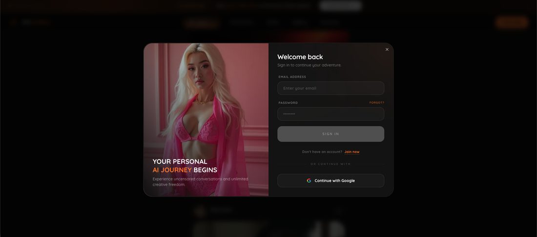 The My Lovely AI sign-in modal: email and password fields, Continue with Google, and a panel promising uncensored conversations