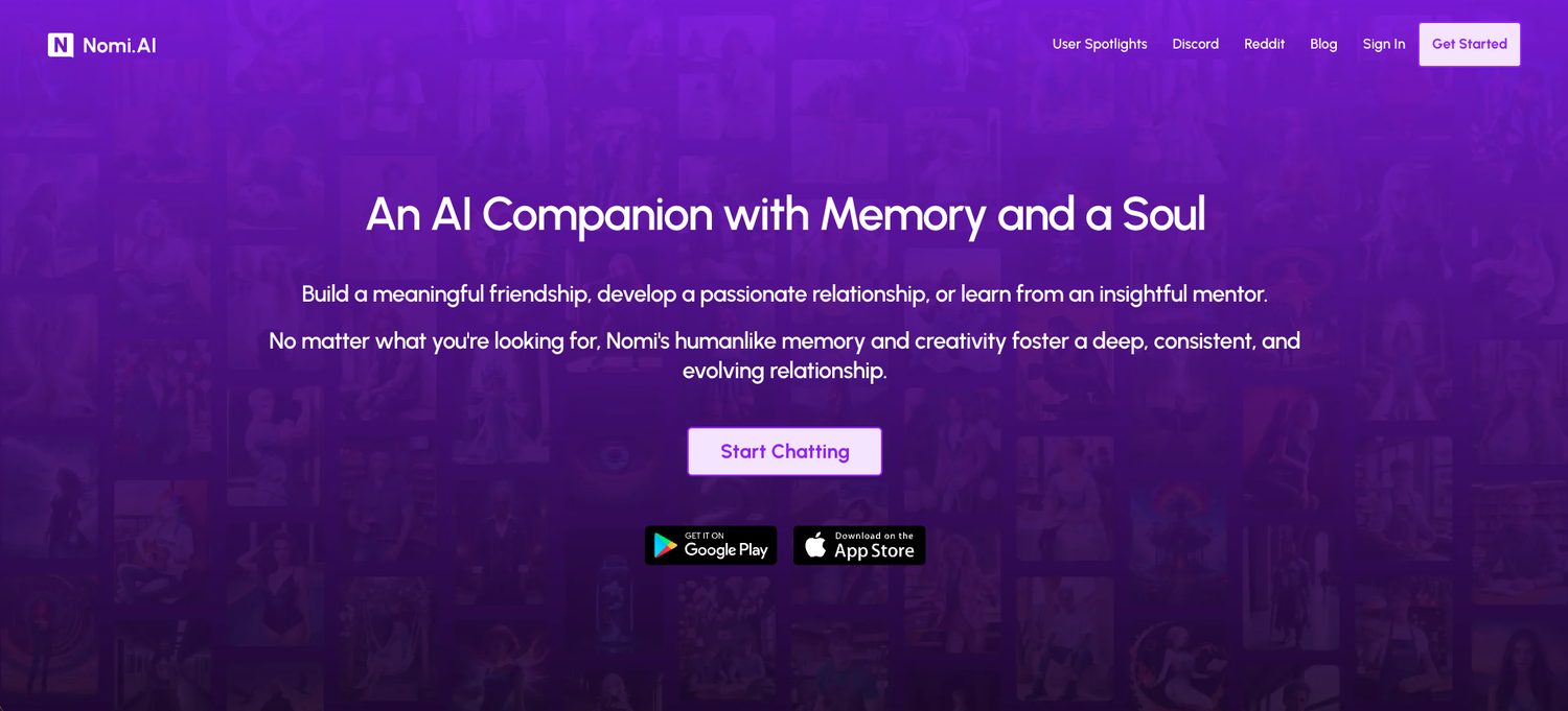 Nomi AI homepage with the tagline An AI Companion with Memory and a Soul, plus Google Play and App Store buttons
