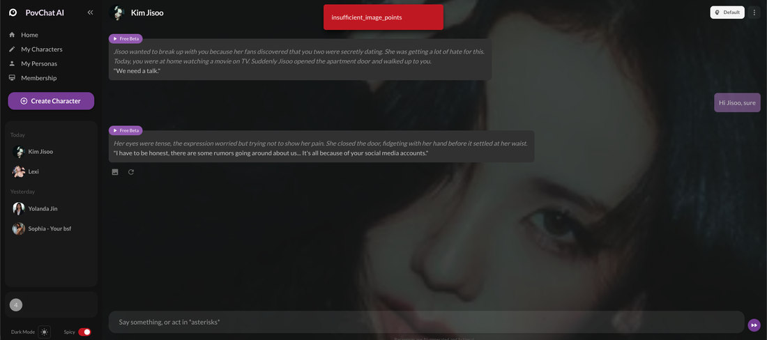 The insufficient image points error in a PovChat AI chat