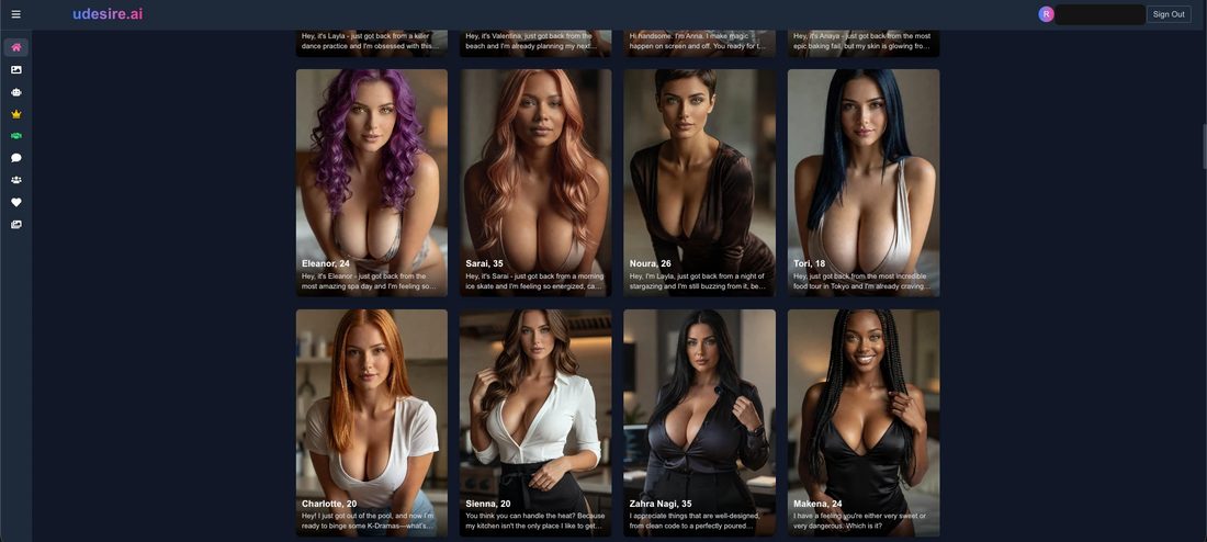 A grid of uDesire AI girlfriend cards, each a posed portrait with a blurred indoor background, with names, ages and opening lines