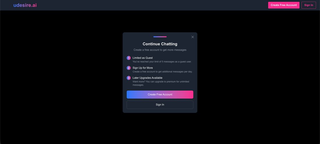 The uDesire AI Continue Chatting popup: you've reached your limit of 5 messages as a guest user, create a free account for more