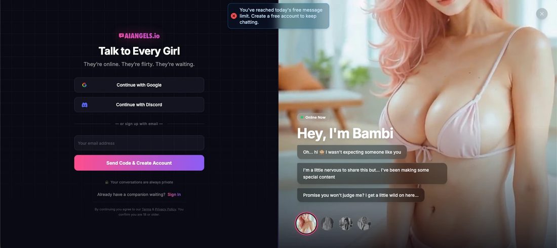 The AIAngels.io sign-up page, Talk to Every Girl, with a toast saying you've reached today's free message limit